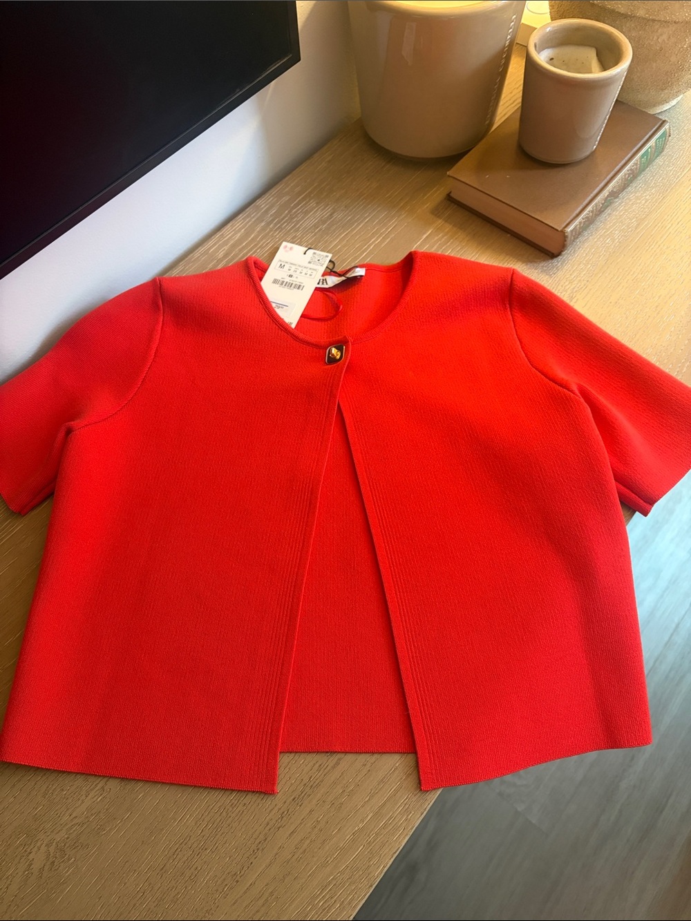 Zara Bright Red Short Sleeve Boxy Short Sleeve Jacket with Single Top Closure